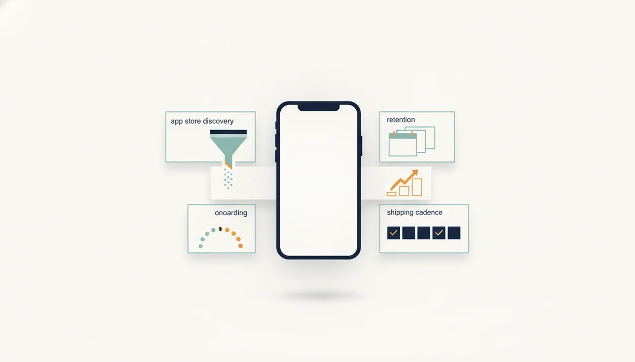 Abstract mobile growth map with a blank phone, funnel shapes, cohort dots, and release tiles.