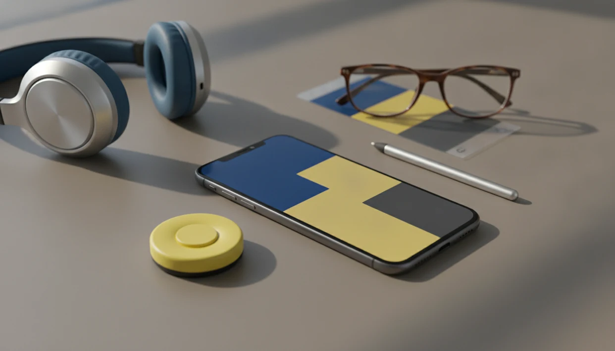 A smartphone surrounded by headphones, glasses, a stylus, and an adaptive switch on a desk.