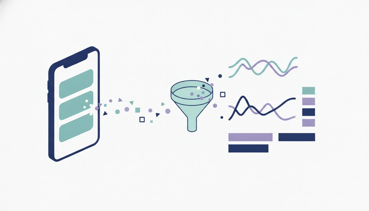 A clean illustration shows app events flowing from a phone into simple analytics charts and metrics.