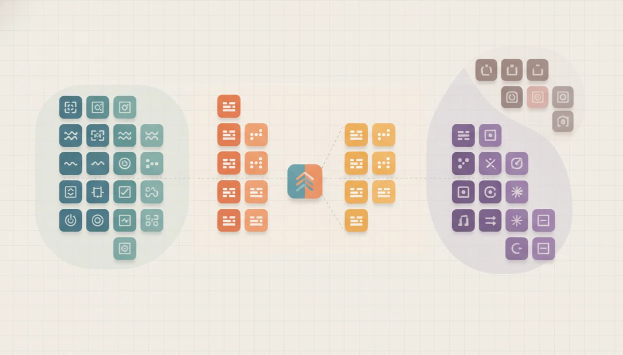 Abstract clusters of app tiles show how store categories group apps for discovery and competition.