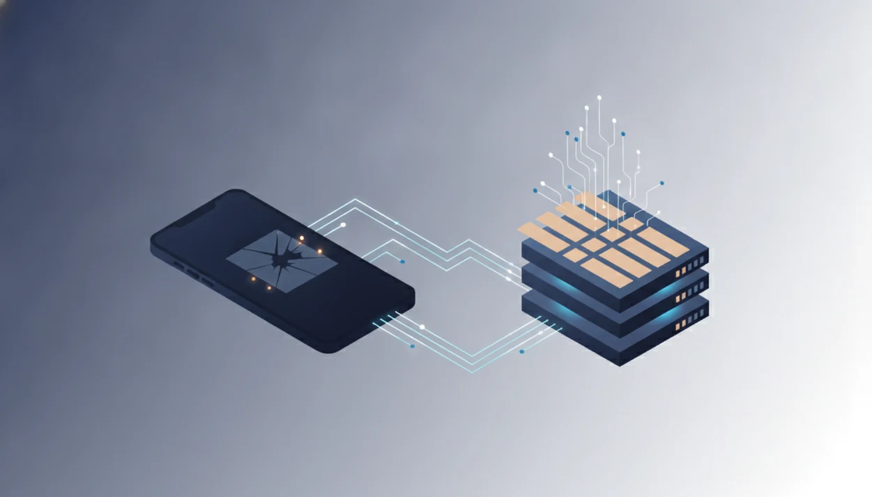A smartphone crash signal flows into abstract backend systems for grouping and analysis.