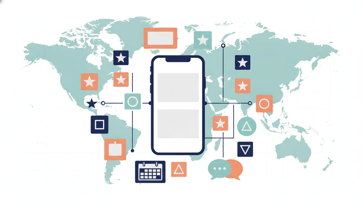 A phone connects to abstract app store asset tiles and global market regions in a clean localization diagram.