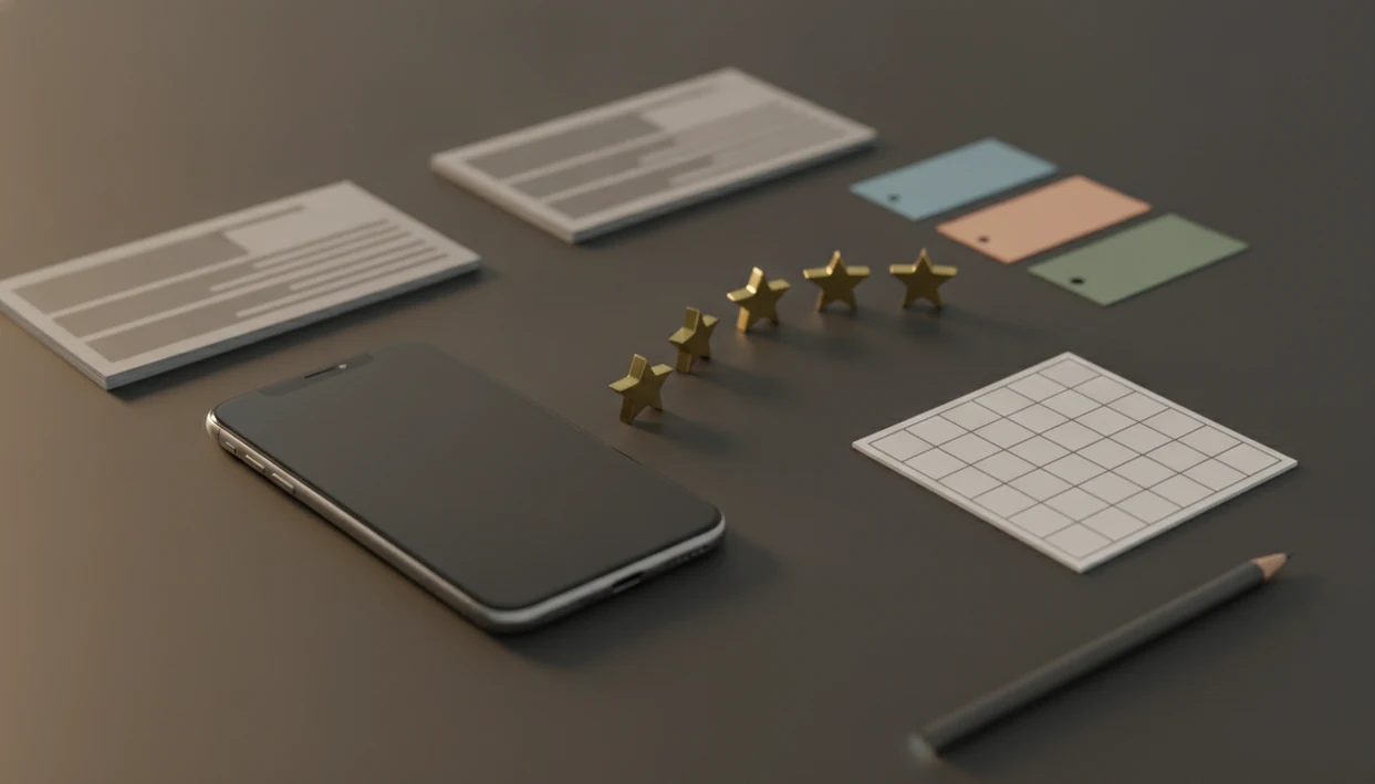 A smartphone, star tokens, review cards, and release notes arranged as an app ratings workflow.