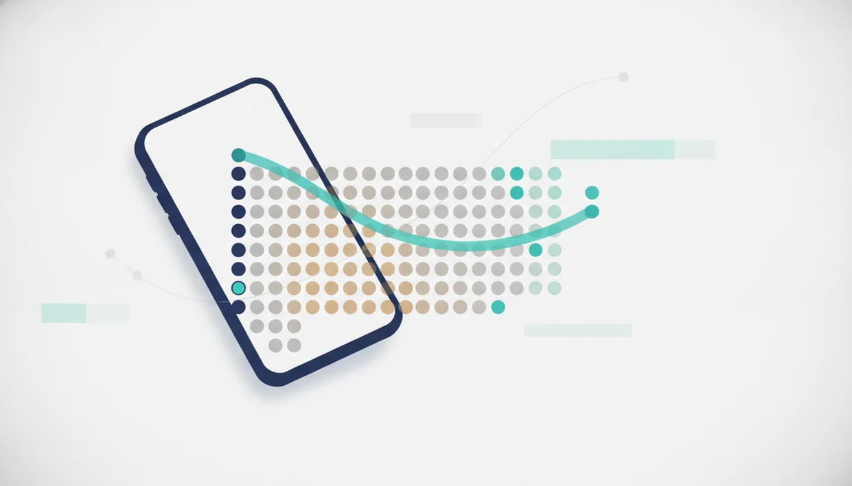 Abstract cohort grid showing app users thinning over time beside a minimal smartphone silhouette.
