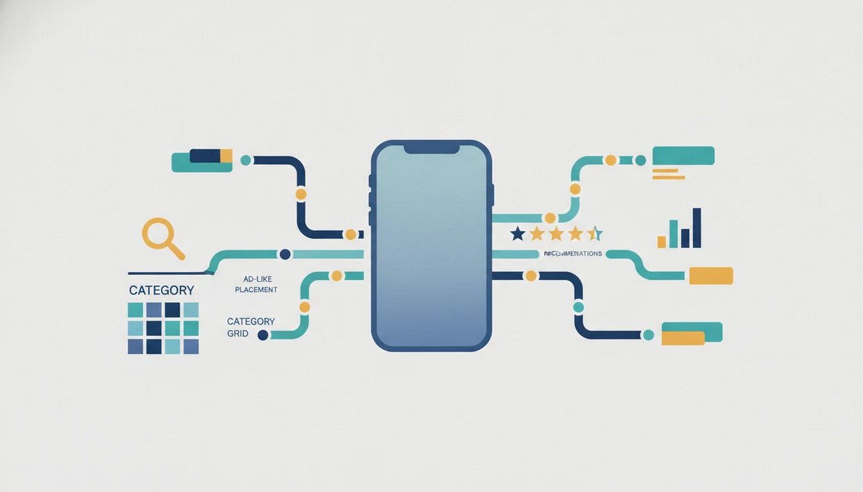 A conceptual map of app store discovery paths converging on a central mobile app listing.