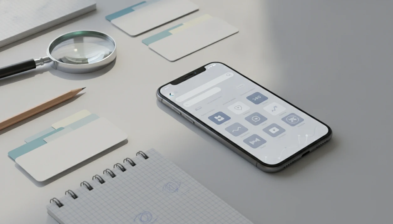 A smartphone surrounded by blank keyword cards and research tools on a desk.