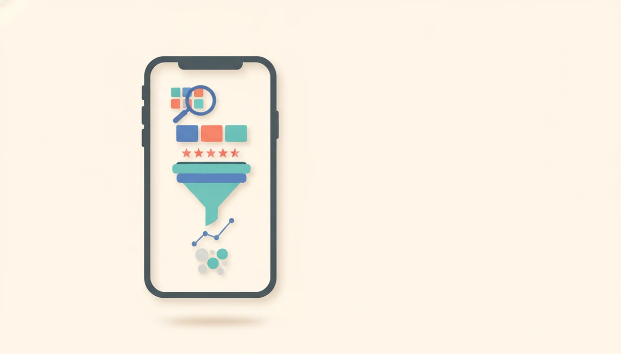 Abstract ASO funnel with app icons, search, ratings, screenshots, and growth signals around a phone.