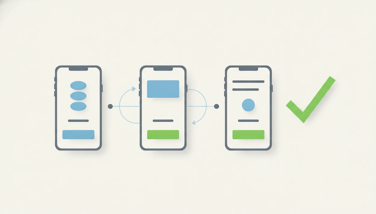 Abstract mobile screens show simplified navigation and action patterns leading toward conversion.