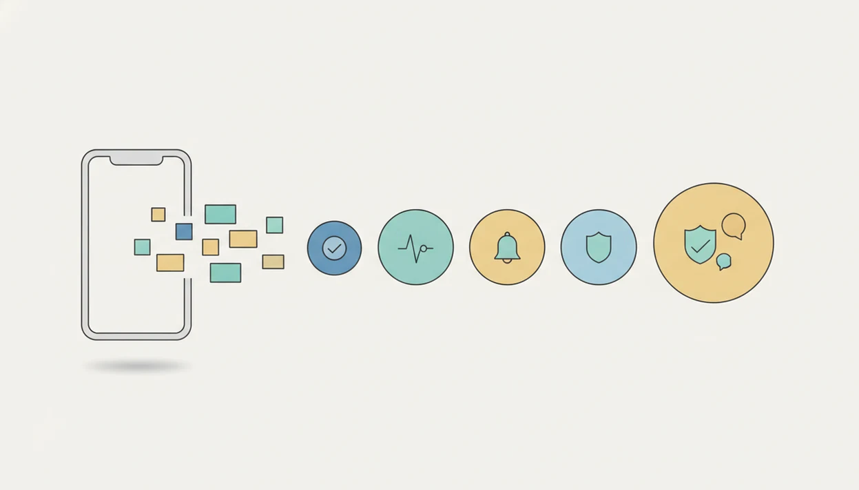 An abstract release planning diagram shows a phone, staged rollout circles, checks, monitoring, and communication symbols.