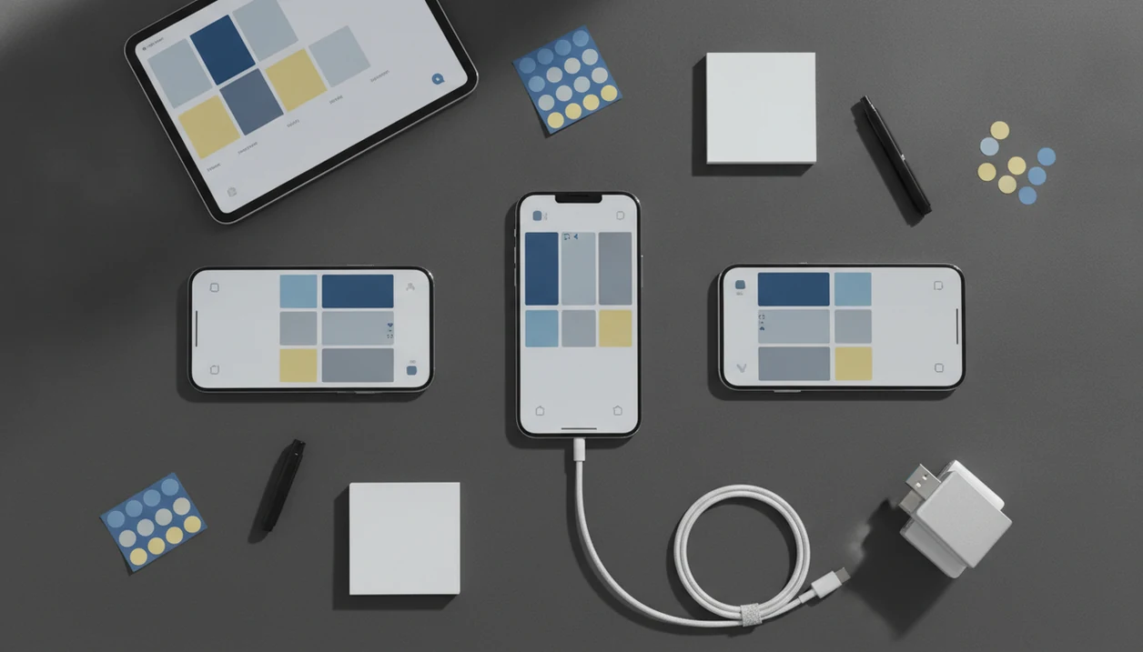 A top-down workspace shows several mobile devices, notes, and testing tools arranged for app beta review.