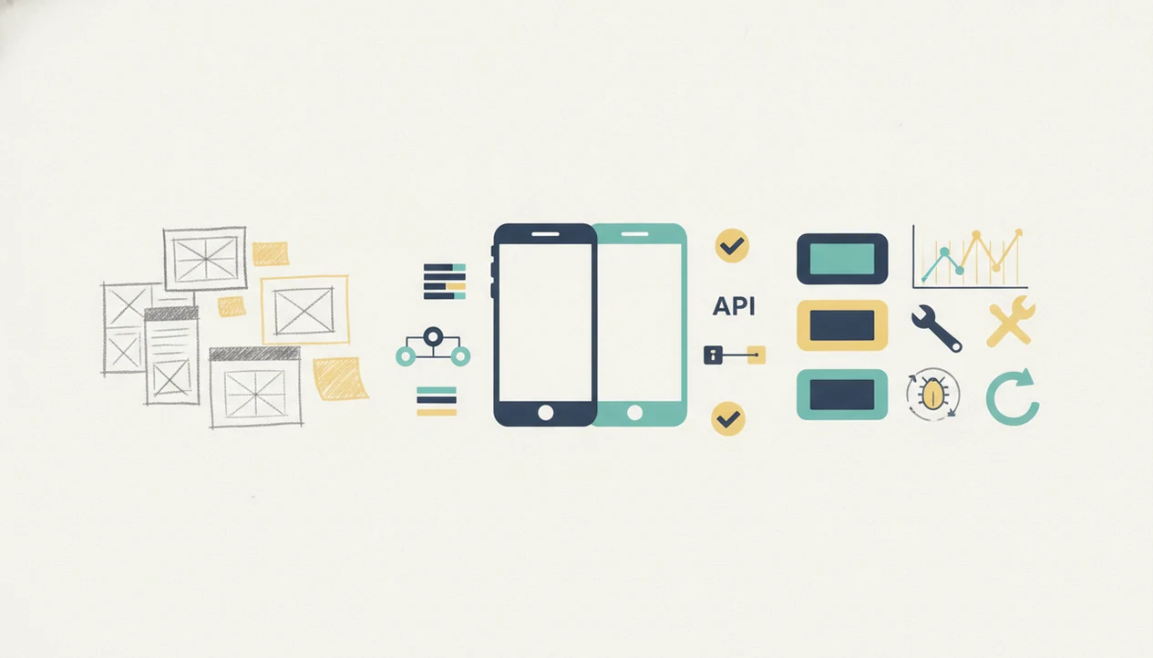 A visual workflow shows mobile app planning, development, launch, analytics, and maintenance stages.