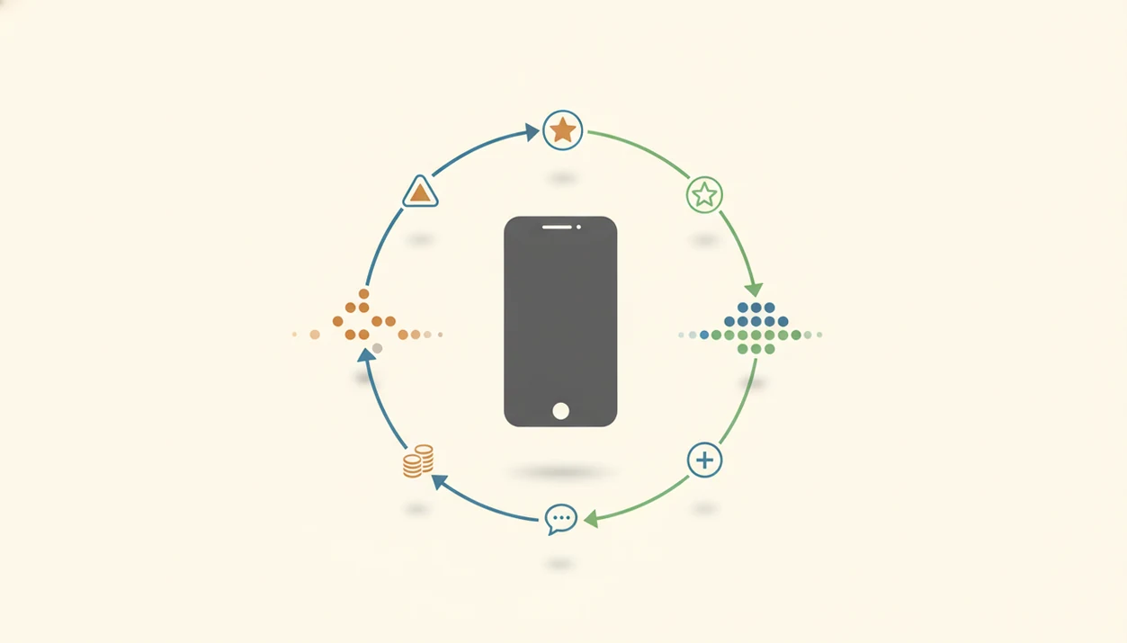 An abstract lifecycle diagram shows app users entering, dropping off, and being retained around a phone.