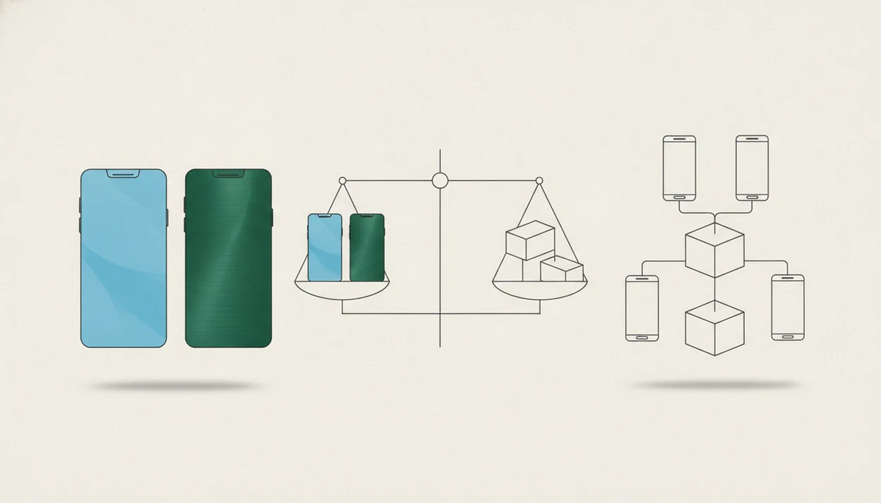A clean illustration compares separate native app paths with a shared cross-platform code path.