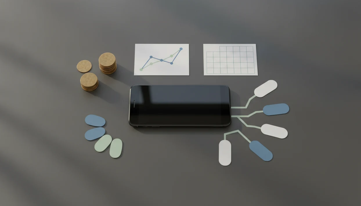 A blank phone surrounded by coins, tokens, and abstract planning cards for app revenue decisions.