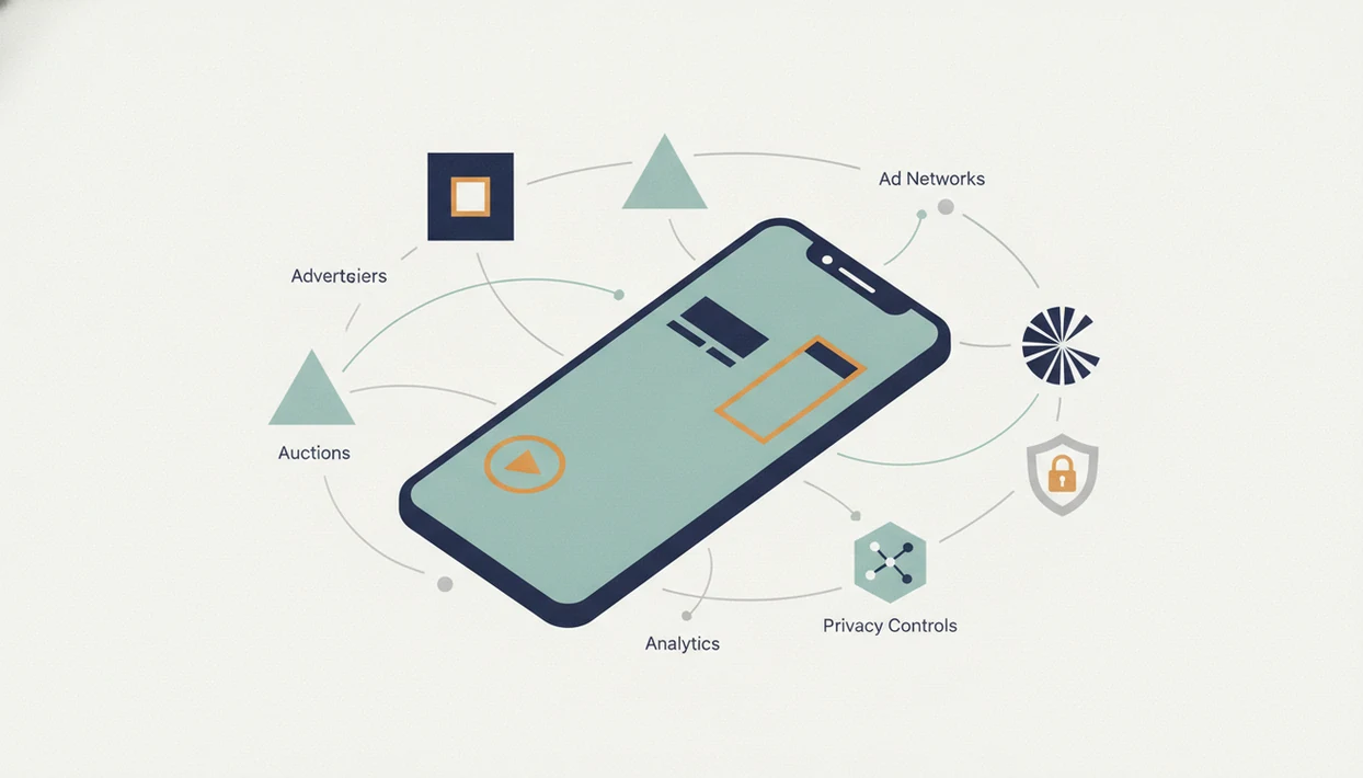 An abstract phone connected to ad network and measurement nodes for in-app advertising.