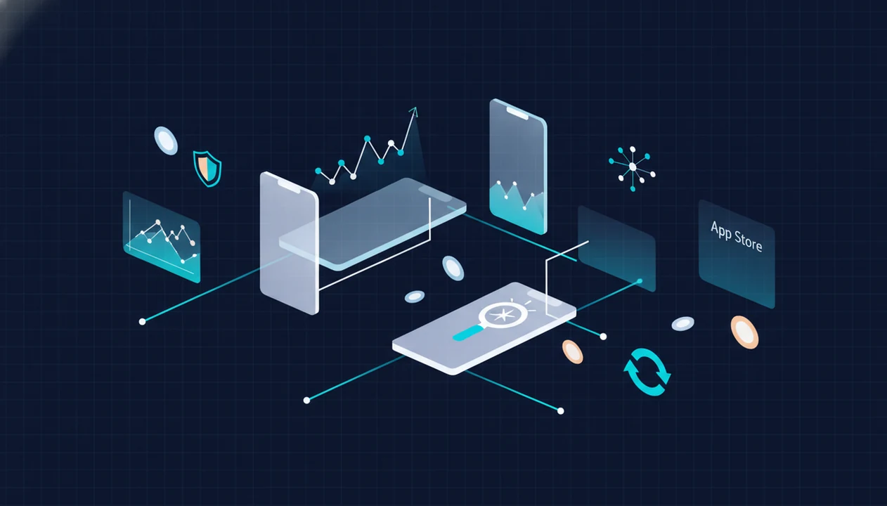 Abstract mobile app market landscape with phones, trend symbols, charts, privacy, AI, and monetization cues.