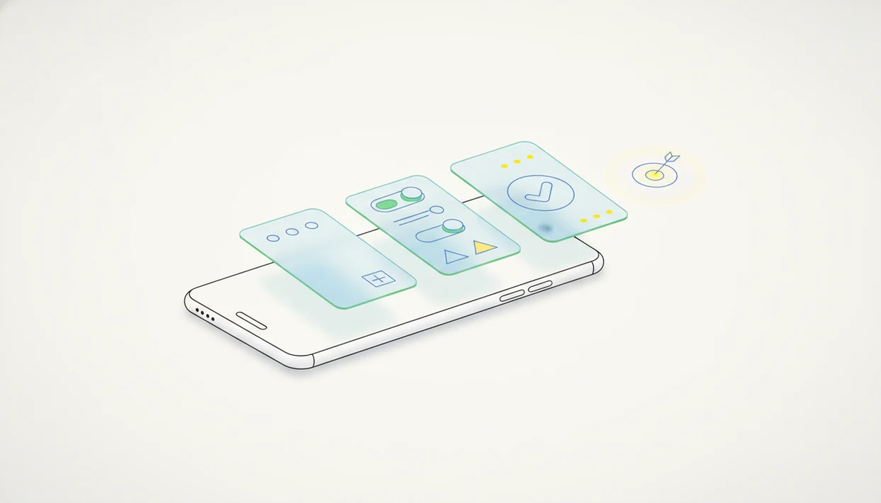 A minimal illustration shows blank onboarding cards forming a path from a phone toward a glowing goal.