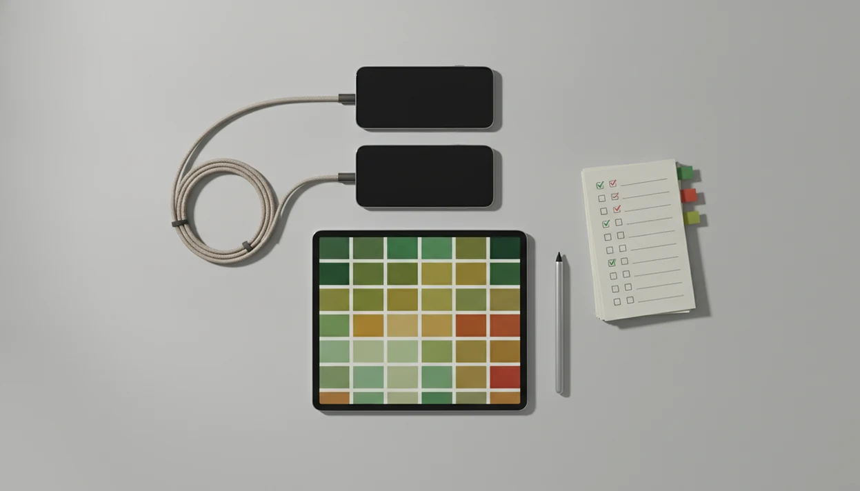 An organized mobile release desk with phones, checklist cards, status markers, and launch tools arranged overhead.