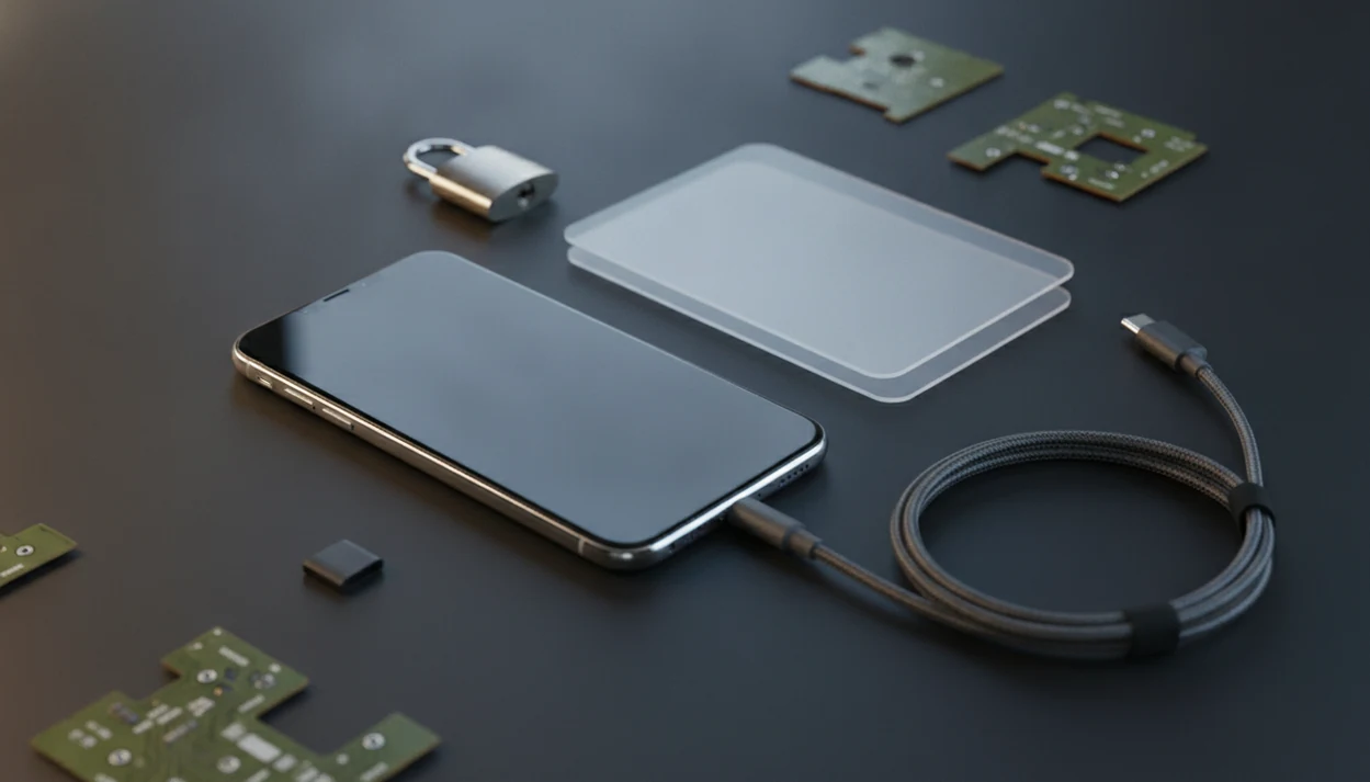 A smartphone sits beside a metal lock and layered acrylic pieces, suggesting mobile app security controls.