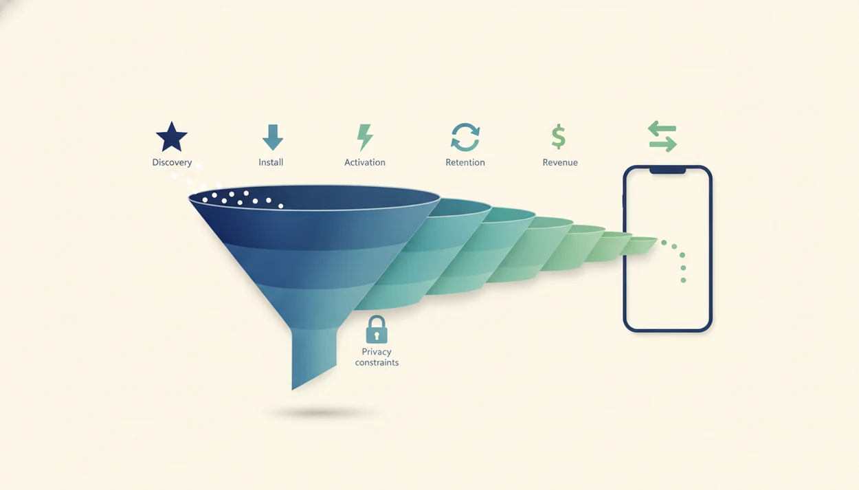 An abstract mobile growth funnel shows user dots narrowing through stages into a smartphone.