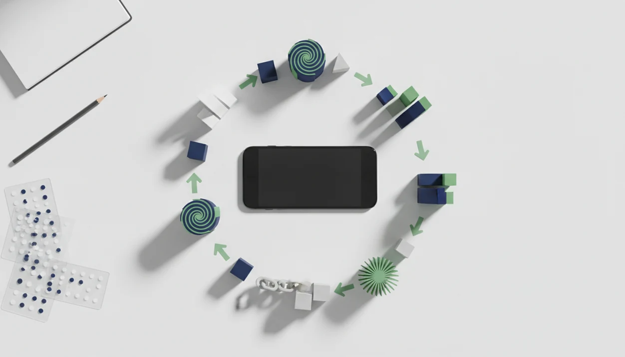 A blank smartphone sits inside a circular growth loop of tokens, arrows, and abstract data blocks.