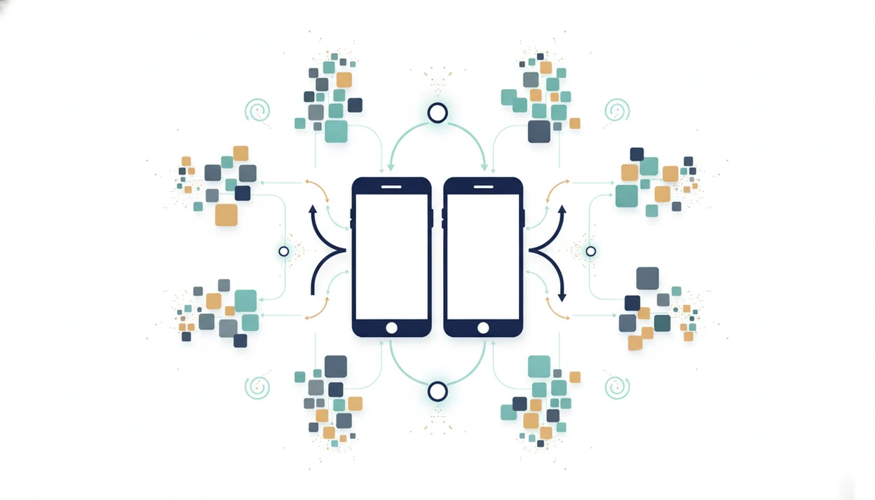 An abstract map shows smartphones, app tiles, revenue paths, and analytics nodes in the mobile app ecosystem.