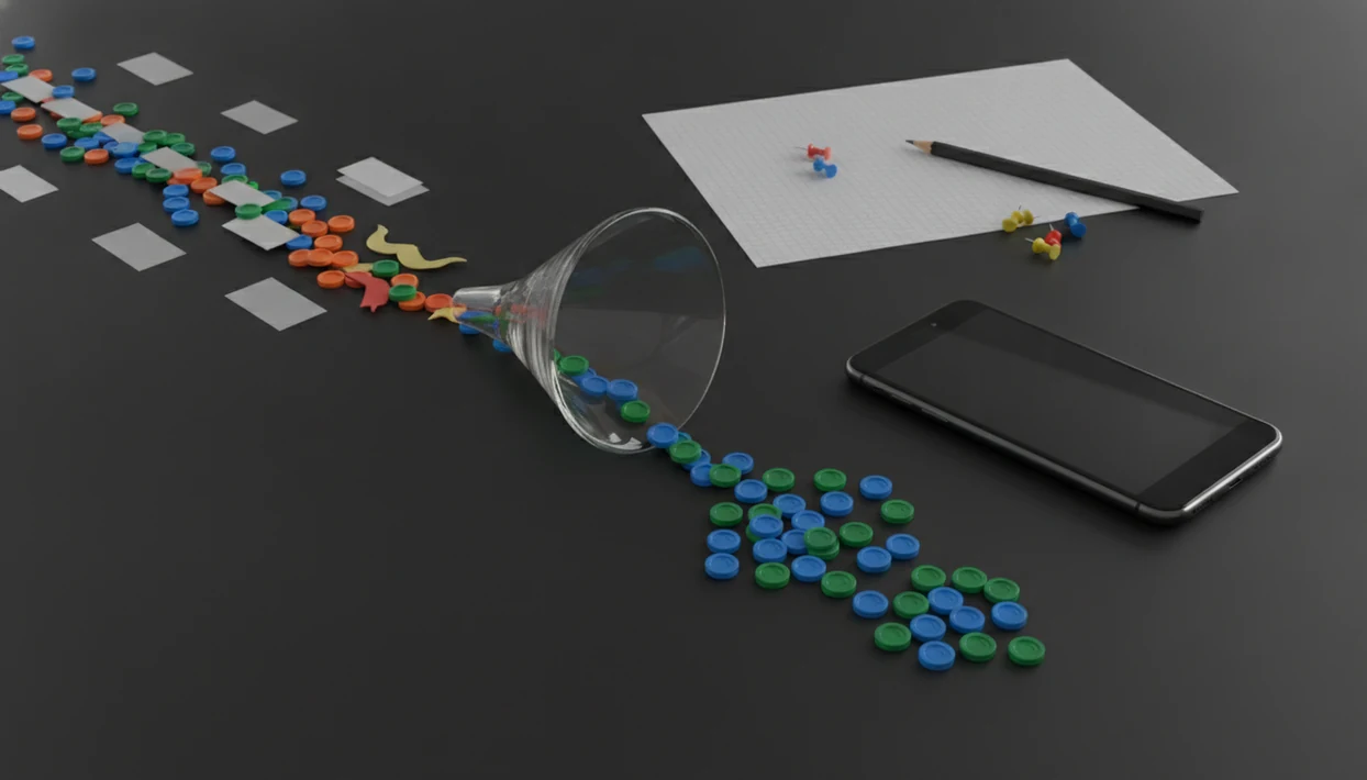 A desktop still life shows colored acquisition streams narrowing through a funnel into a smartphone.