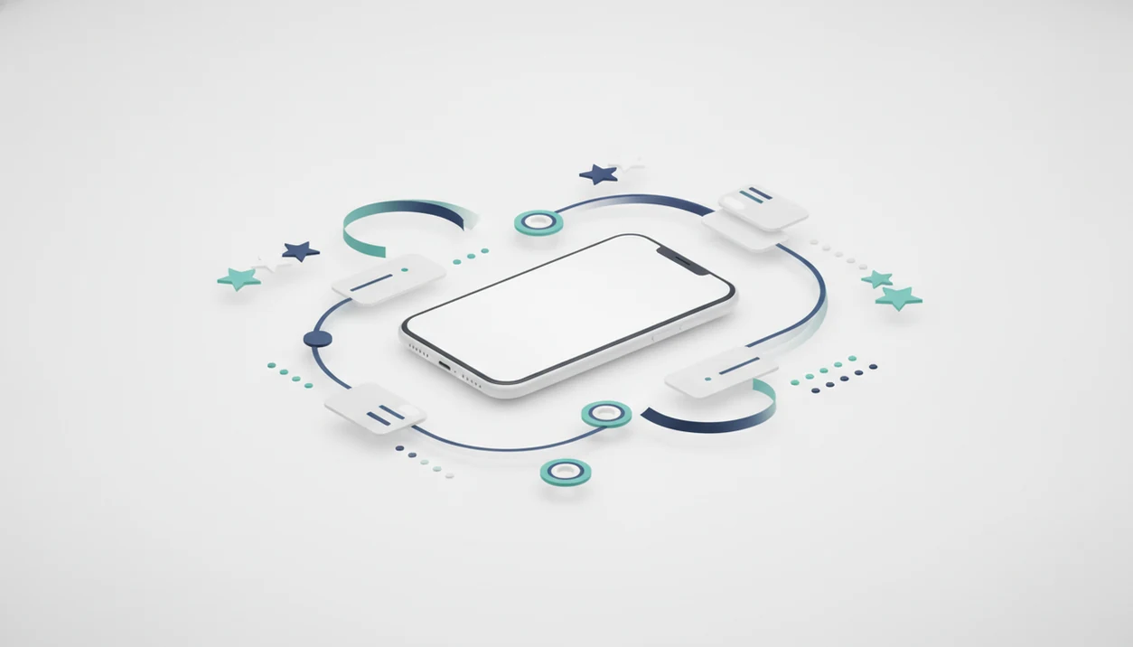 A blank smartphone sits within an abstract system of UX flows, metrics, and product decision points.