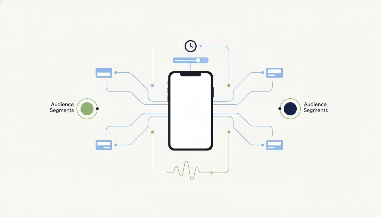 A clean diagram-style illustration shows a phone surrounded by notification rules, timing, segments, and metrics.