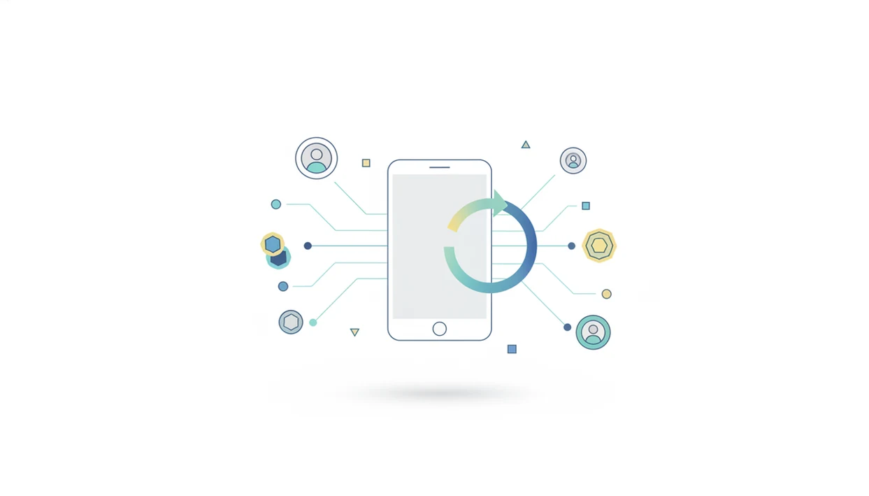 An abstract network diagram shows a mobile app referral loop connecting users, links, rewards, and checks.