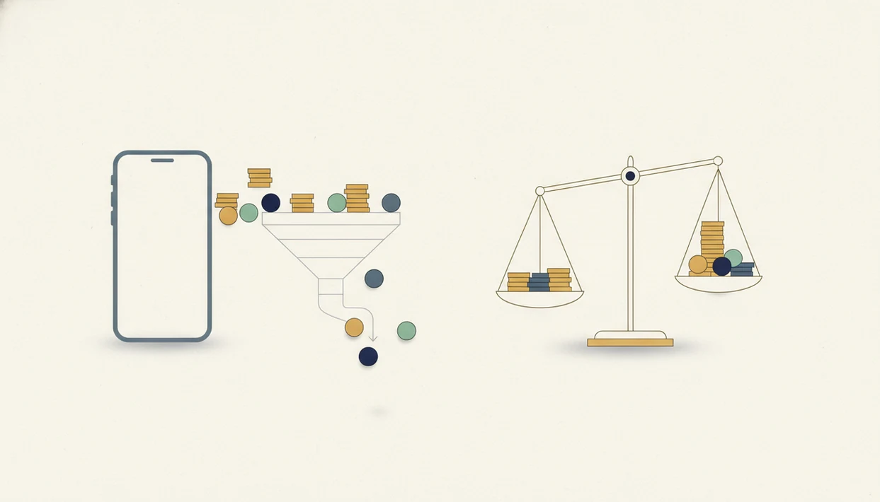 A blank phone, coins, and abstract tokens flow through a funnel toward a balance scale.