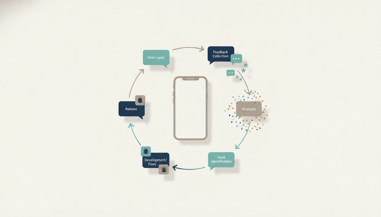 A blank phone surrounded by abstract feedback signals, arrows, charts, reviews, and release blocks in a loop.