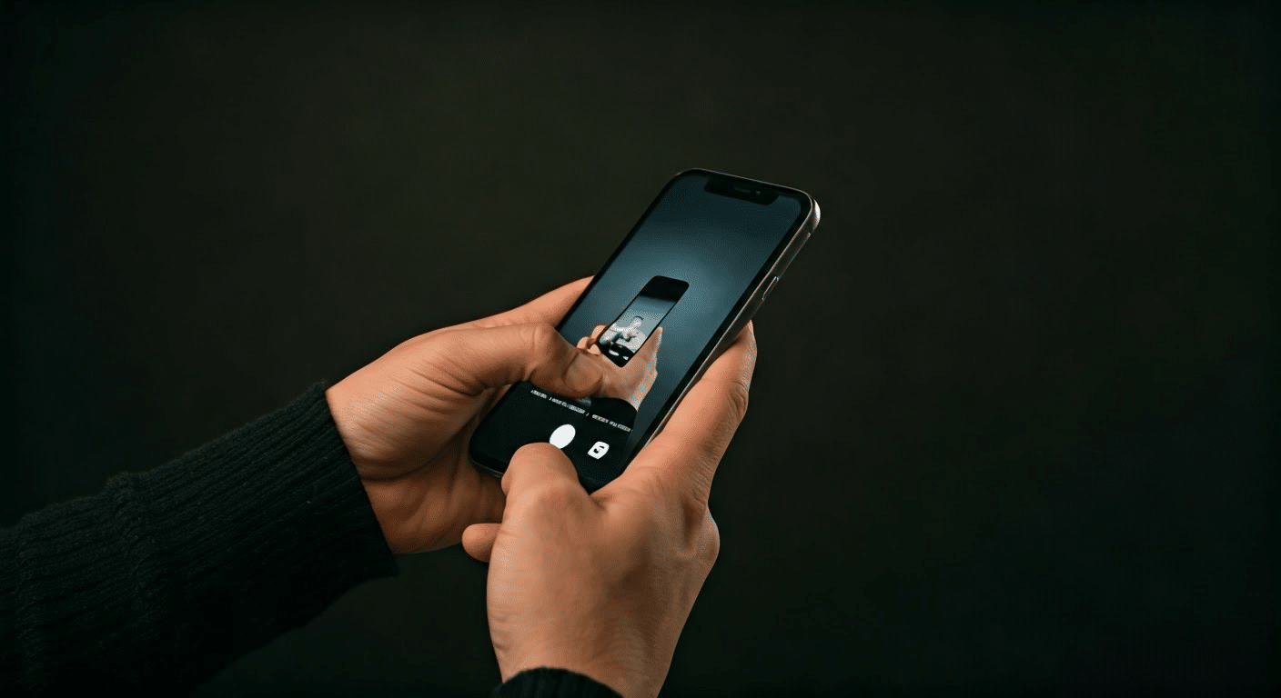 Close-up of hands interacting with iPhone reverse image search