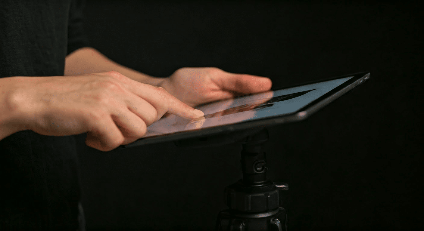 Close-up of hands verifying image on a tablet