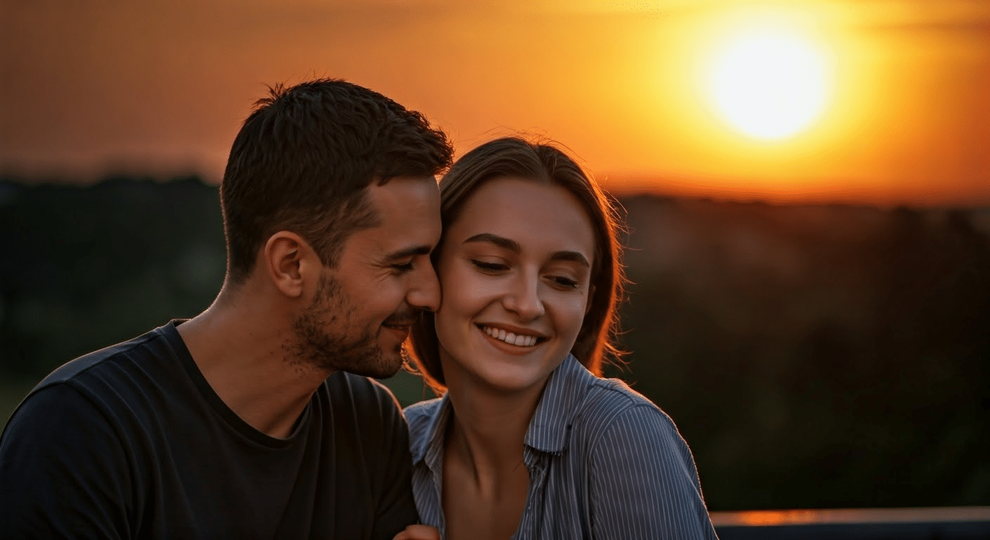 Couple using Google Photo Search in cozy home