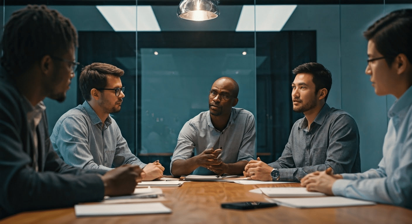 Group discussing image search in conference room