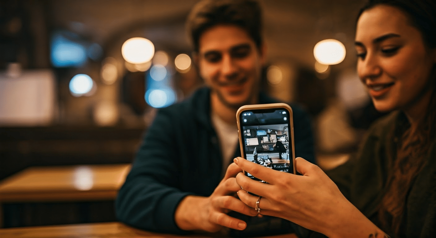 People engaging with iPhone reverse image search in cafe